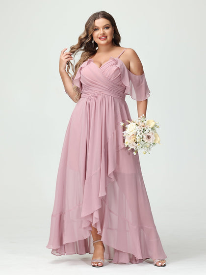 Forme Princesse Bretelles spaghetti Col en V Manches courtes Mousseline de soie Volants Asymétrique Grande taille Robes de demoiselle d'honneur