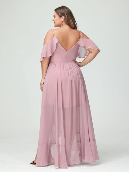 Forme Princesse Bretelles spaghetti Col en V Manches courtes Mousseline de soie Volants Asymétrique Grande taille Robes de demoiselle d'honneur
