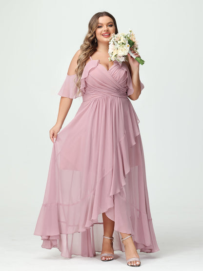 Forme Princesse Bretelles spaghetti Col en V Manches courtes Mousseline de soie Volants Asymétrique Grande taille Robes de demoiselle d'honneur