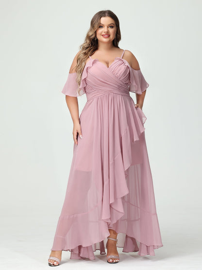 Forme Princesse Bretelles spaghetti Col en V Manches courtes Mousseline de soie Volants Asymétrique Grande taille Robes de demoiselle d'honneur