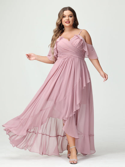 Forme Princesse Bretelles spaghetti Col en V Manches courtes Mousseline de soie Volants Asymétrique Grande taille Robes de demoiselle d'honneur