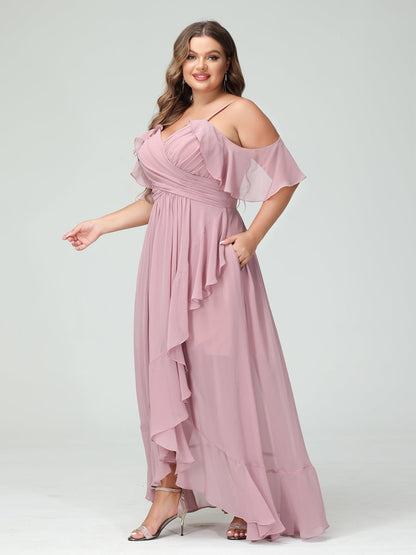 Forme Princesse Bretelles spaghetti Col en V Manches courtes Mousseline de soie Volants Asymétrique Grande taille Robes de demoiselle d'honneur