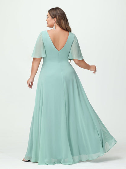 Forme Princesse Col en V Demi manches Mousseline Grande taille Robes de demoiselle d'honneur avec poches