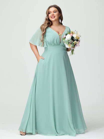 Forme Princesse Col en V Demi manches Mousseline Grande taille Robes de demoiselle d'honneur avec poches