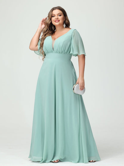 Forme Princesse Col en V Demi manches Mousseline Grande taille Robes de demoiselle d'honneur avec poches