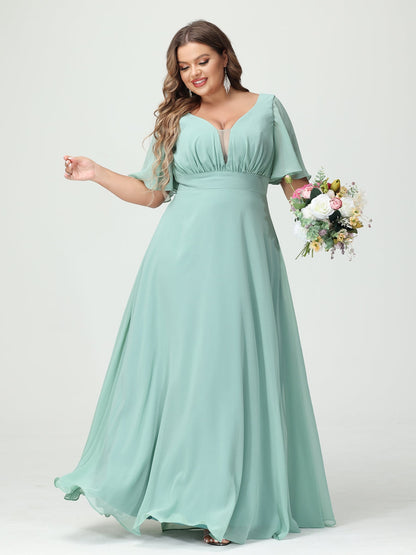 Forme Princesse Col en V Demi manches Mousseline Grande taille Robes de demoiselle d'honneur avec poches