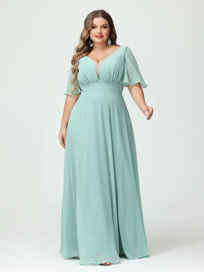 Forme Princesse Col en V Demi manches Mousseline Grande taille Robes de demoiselle d'honneur avec poches