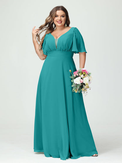 Forme Princesse Col en V Demi manches Mousseline Grande taille Robes de demoiselle d'honneur avec poches