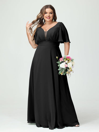 Forme Princesse Col en V Demi manches Mousseline Grande taille Robes de demoiselle d'honneur avec poches