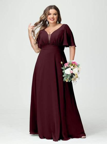 Forme Princesse Col en V Demi manches Mousseline Grande taille Robes de demoiselle d'honneur avec poches