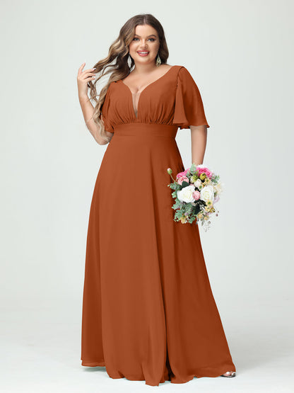 Forme Princesse Col en V Demi manches Mousseline Grande taille Robes de demoiselle d'honneur avec poches