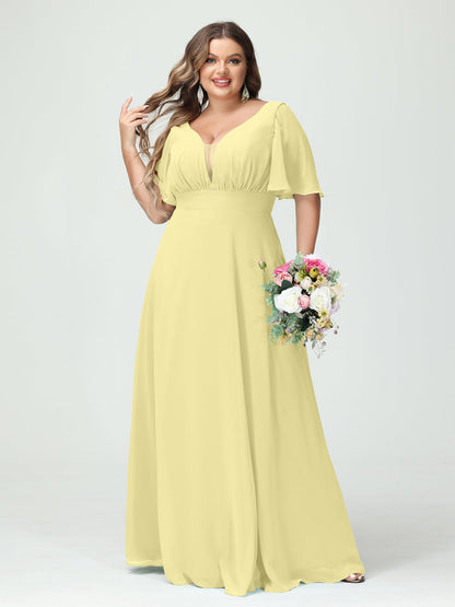 Forme Princesse Col en V Demi manches Mousseline Grande taille Robes de demoiselle d'honneur avec poches