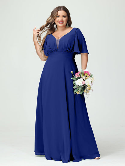 Forme Princesse Col en V Demi manches Mousseline Grande taille Robes de demoiselle d'honneur avec poches