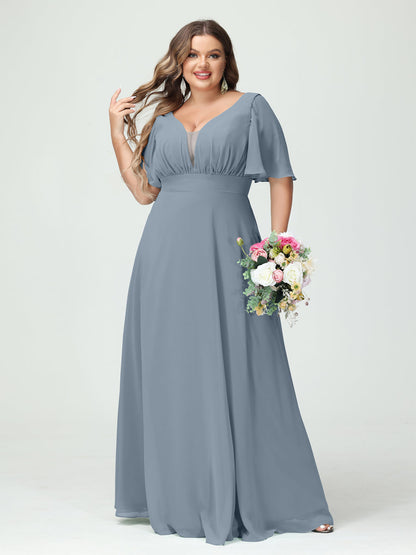 Forme Princesse Col en V Demi manches Mousseline Grande taille Robes de demoiselle d'honneur avec poches