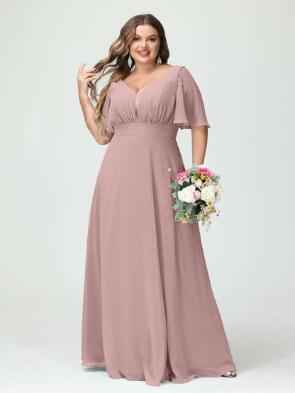 Forme Princesse Col en V Demi manches Mousseline Grande taille Robes de demoiselle d'honneur avec poches