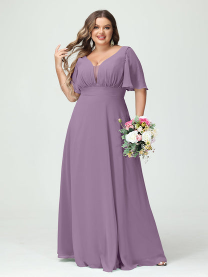 Forme Princesse Col en V Demi manches Mousseline Grande taille Robes de demoiselle d'honneur avec poches