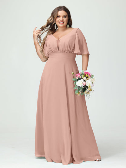 Forme Princesse Col en V Demi manches Mousseline Grande taille Robes de demoiselle d'honneur avec poches