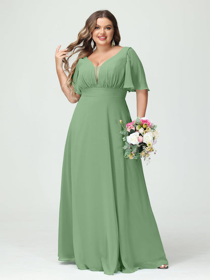 Forme Princesse Col en V Demi manches Mousseline Grande taille Robes de demoiselle d'honneur avec poches
