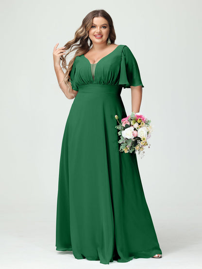 Forme Princesse Col en V Demi manches Mousseline Grande taille Robes de demoiselle d'honneur avec poches