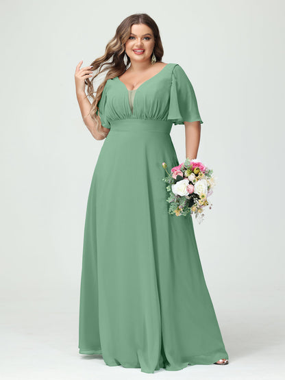 Forme Princesse Col en V Demi manches Mousseline Grande taille Robes de demoiselle d'honneur avec poches