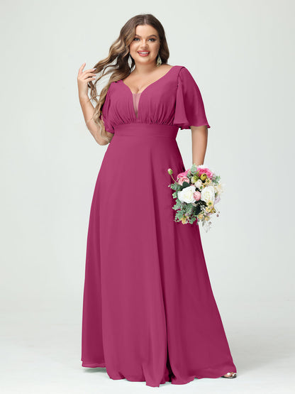 Forme Princesse Col en V Demi manches Mousseline Grande taille Robes de demoiselle d'honneur avec poches