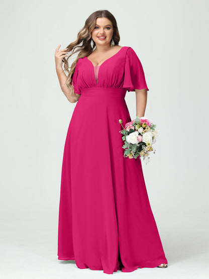 Forme Princesse Col en V Demi manches Mousseline Grande taille Robes de demoiselle d'honneur avec poches
