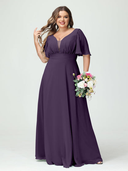 Forme Princesse Col en V Demi manches Mousseline Grande taille Robes de demoiselle d'honneur avec poches
