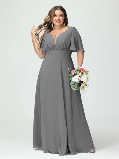 Forme Princesse Col en V Demi manches Mousseline Grande taille Robes de demoiselle d'honneur avec poches