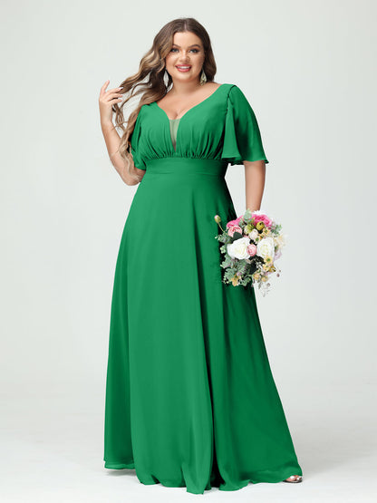 Forme Princesse Col en V Demi manches Mousseline Grande taille Robes de demoiselle d'honneur avec poches