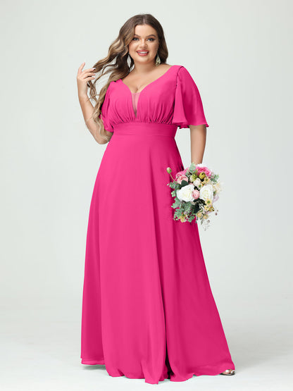 Forme Princesse Col en V Demi manches Mousseline Grande taille Robes de demoiselle d'honneur avec poches