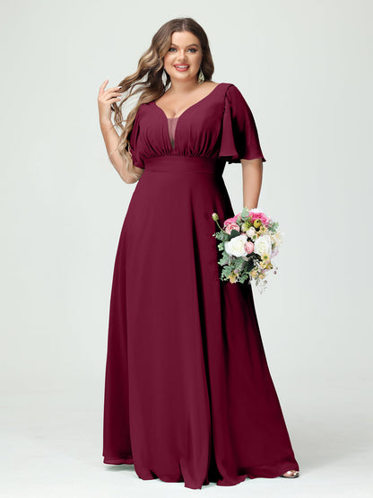 Forme Princesse Col en V Demi manches Mousseline Grande taille Robes de demoiselle d'honneur avec poches