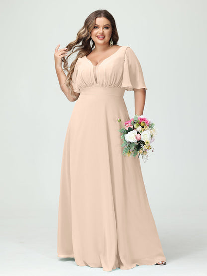 Forme Princesse Col en V Demi manches Mousseline Grande taille Robes de demoiselle d'honneur avec poches