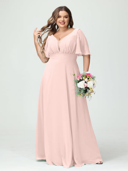 Forme Princesse Col en V Demi manches Mousseline Grande taille Robes de demoiselle d'honneur avec poches