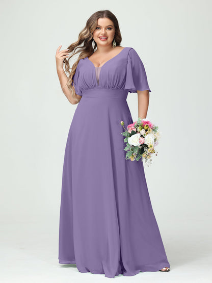 Forme Princesse Col en V Demi manches Mousseline Grande taille Robes de demoiselle d'honneur avec poches