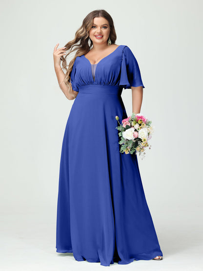Forme Princesse Col en V Demi manches Mousseline Grande taille Robes de demoiselle d'honneur avec poches