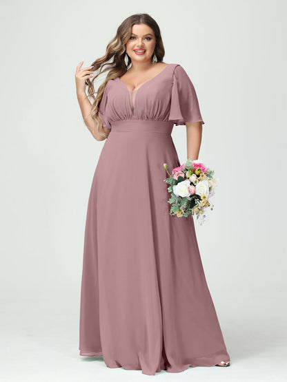 Forme Princesse Col en V Demi manches Mousseline Grande taille Robes de demoiselle d'honneur avec poches