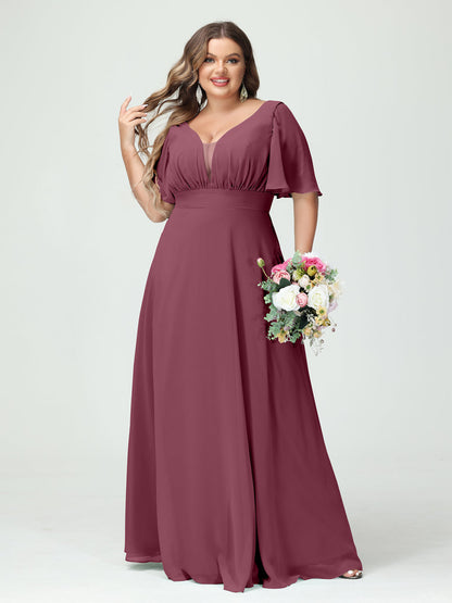 Forme Princesse Col en V Demi manches Mousseline Grande taille Robes de demoiselle d'honneur avec poches