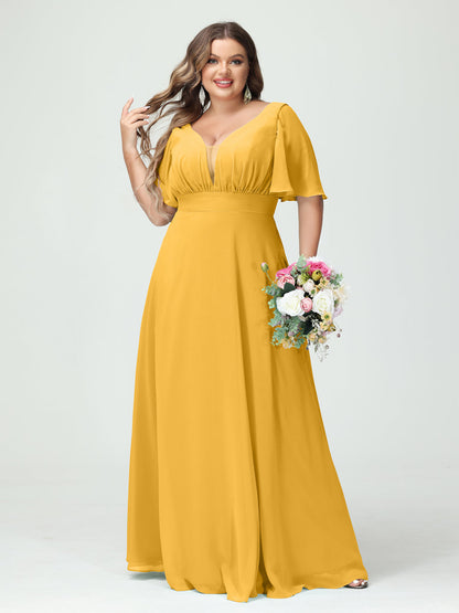Forme Princesse Col en V Demi manches Mousseline Grande taille Robes de demoiselle d'honneur avec poches