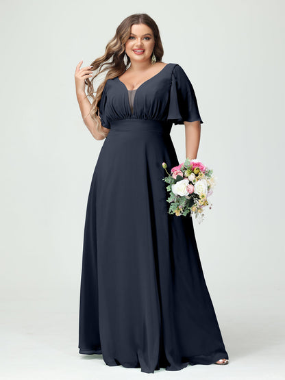 Forme Princesse Col en V Demi manches Mousseline Grande taille Robes de demoiselle d'honneur avec poches