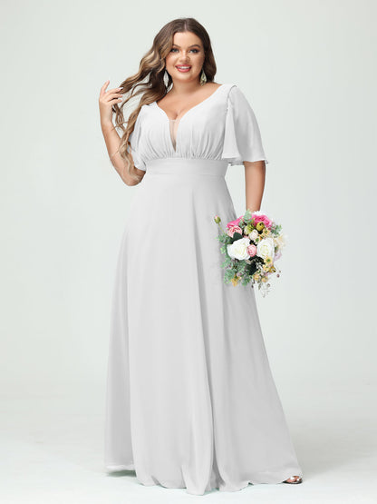 Forme Princesse Col en V Demi manches Mousseline Grande taille Robes de demoiselle d'honneur avec poches