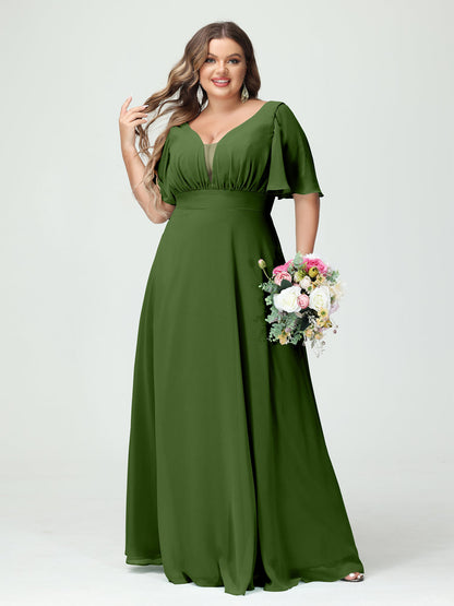 Forme Princesse Col en V Demi manches Mousseline Grande taille Robes de demoiselle d'honneur avec poches