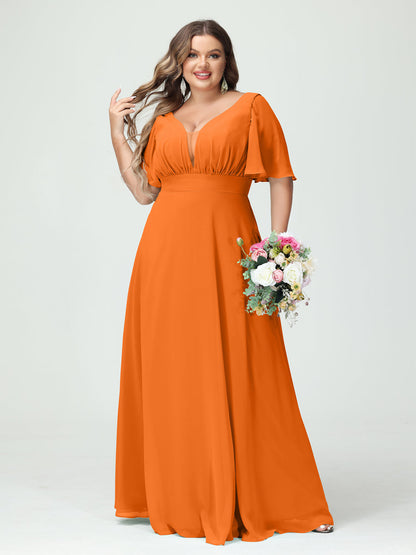 Forme Princesse Col en V Demi manches Mousseline Grande taille Robes de demoiselle d'honneur avec poches
