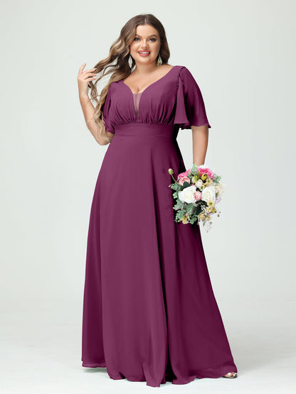 Forme Princesse Col en V Demi manches Mousseline Grande taille Robes de demoiselle d'honneur avec poches