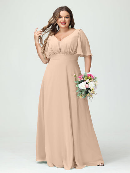 Forme Princesse Col en V Demi manches Mousseline Grande taille Robes de demoiselle d'honneur avec poches