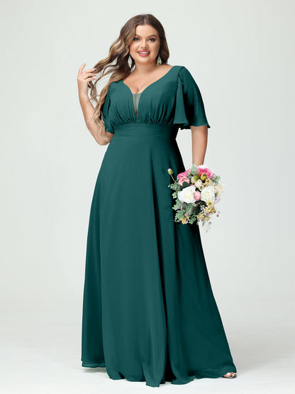 Forme Princesse Col en V Demi manches Mousseline Grande taille Robes de demoiselle d'honneur avec poches