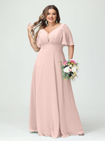 Forme Princesse Col en V Demi manches Mousseline Grande taille Robes de demoiselle d'honneur avec poches
