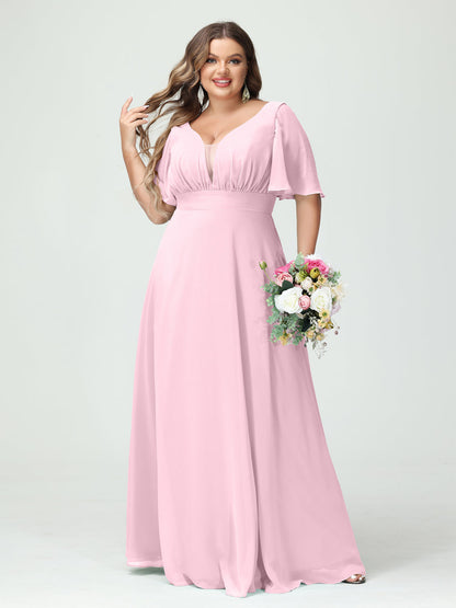 Forme Princesse Col en V Demi manches Mousseline Grande taille Robes de demoiselle d'honneur avec poches