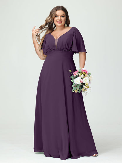 Forme Princesse Col en V Demi manches Mousseline Grande taille Robes de demoiselle d'honneur avec poches