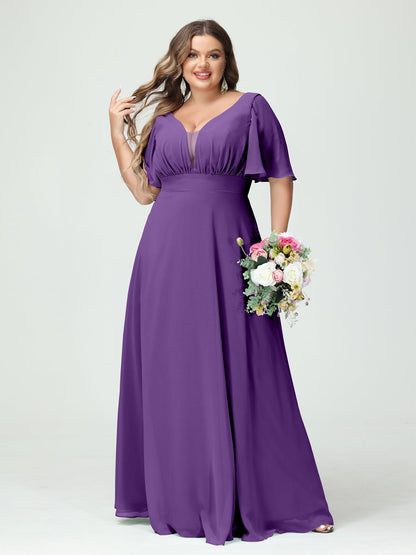 Forme Princesse Col en V Demi manches Mousseline Grande taille Robes de demoiselle d'honneur avec poches