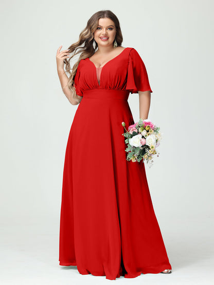 Forme Princesse Col en V Demi manches Mousseline Grande taille Robes de demoiselle d'honneur avec poches